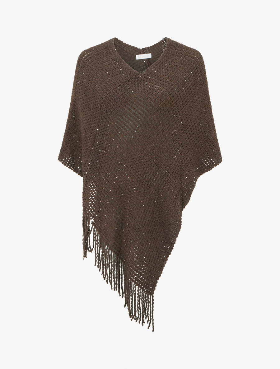 Poncho asymétrique à détail sequins - Marron - 1
