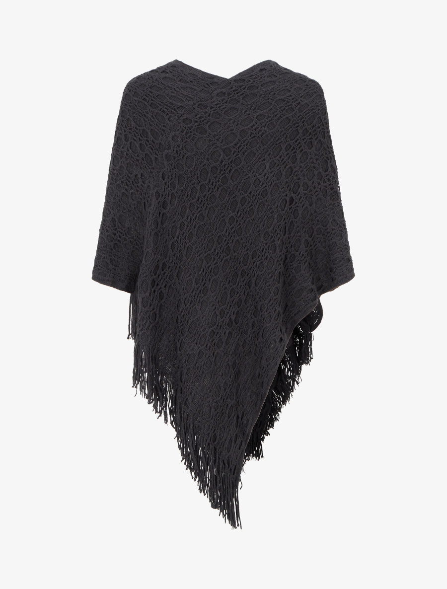 Poncho asymétrique uni à franges - Noir - 2