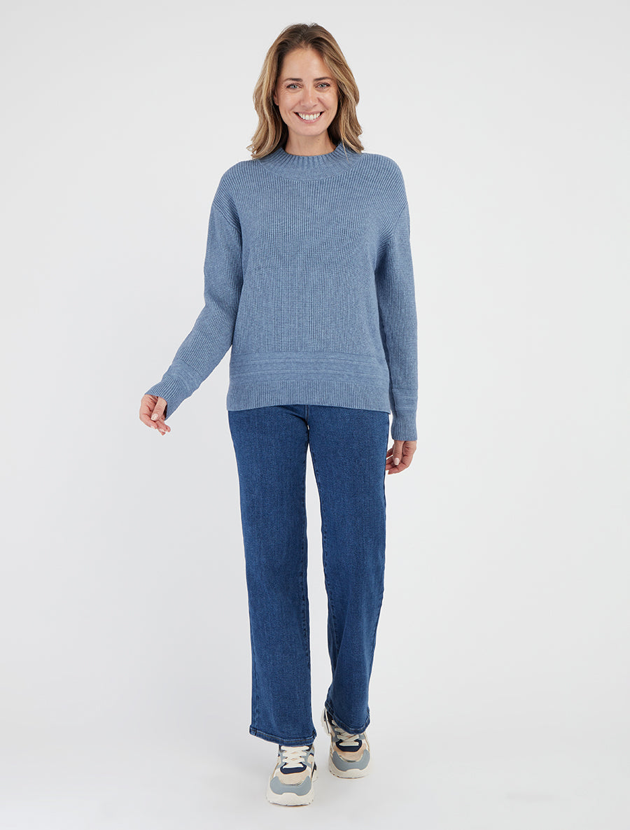 Pull droit col rond côtelé - Bleu