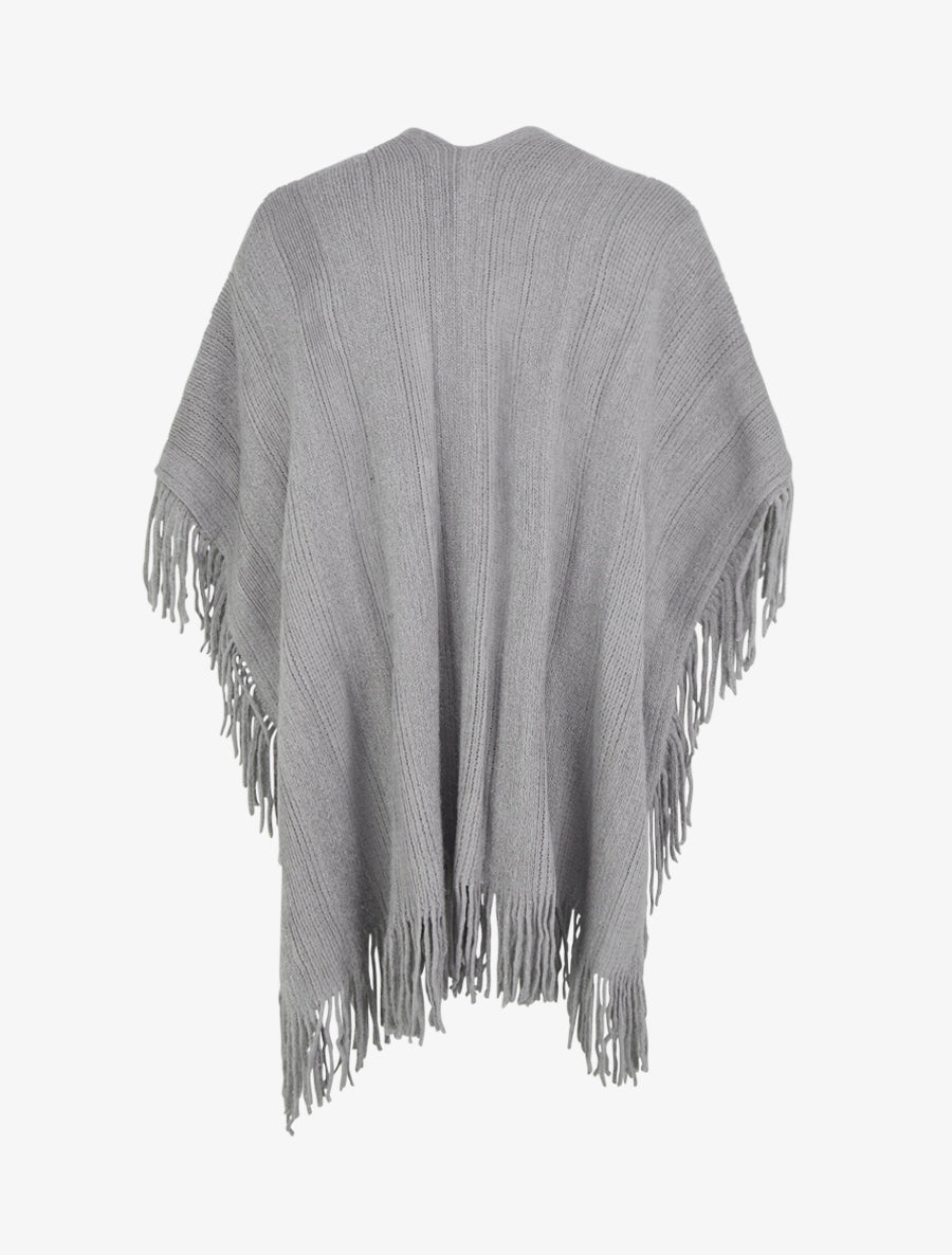 Poncho mi-long uni à franges - Gris - 2