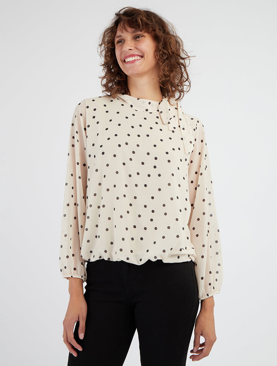 Top à pois et col lavallière - Beige