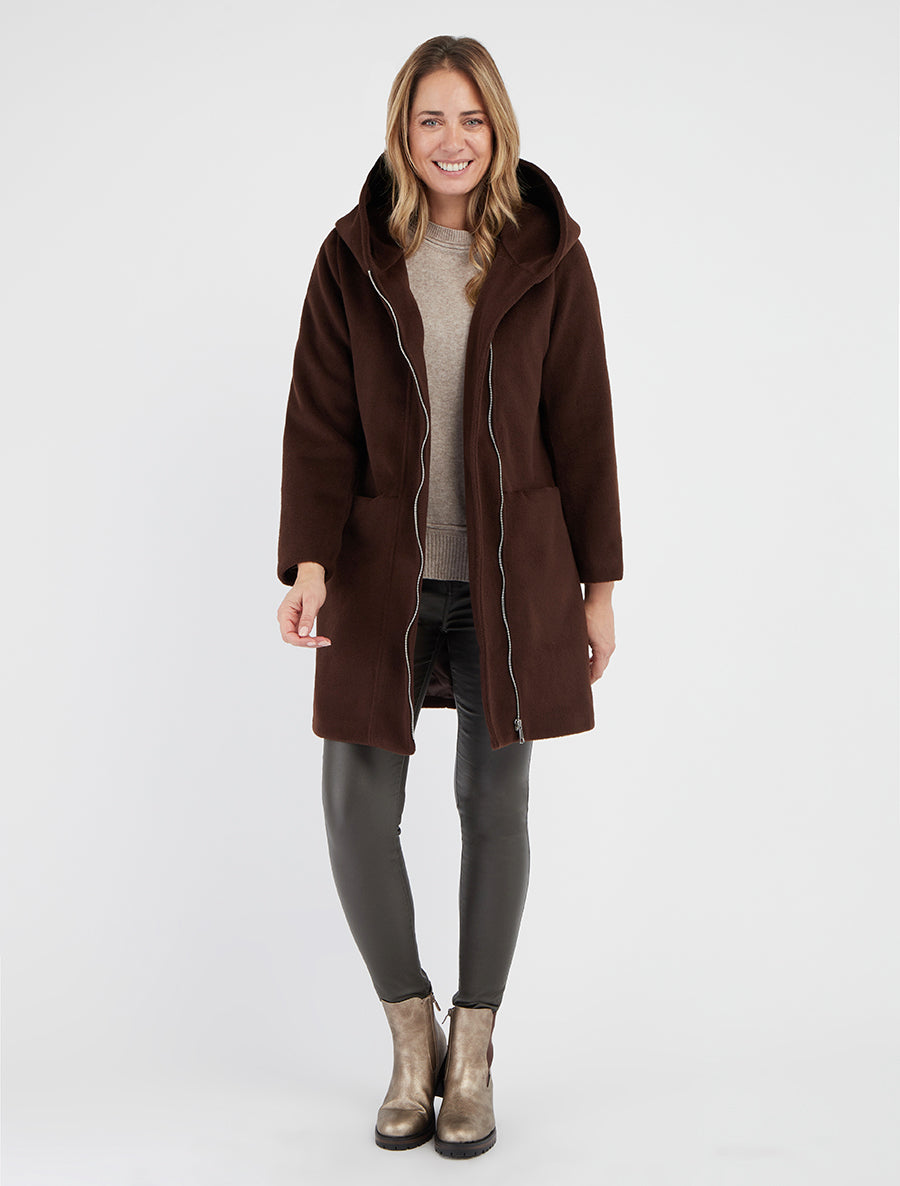 Manteau long à capuche coupe droite - Marron