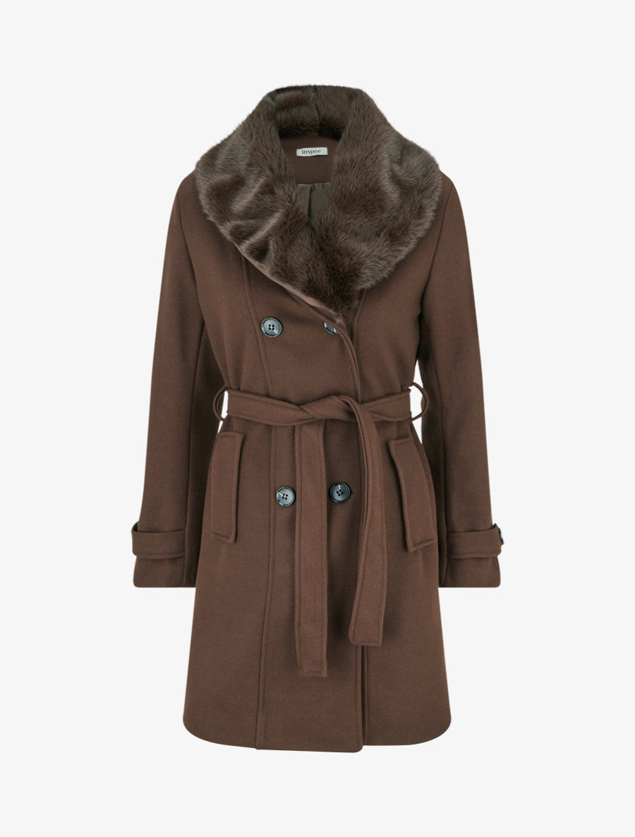 Manteau à col en fourrure synthétique amovible - Marron - 1