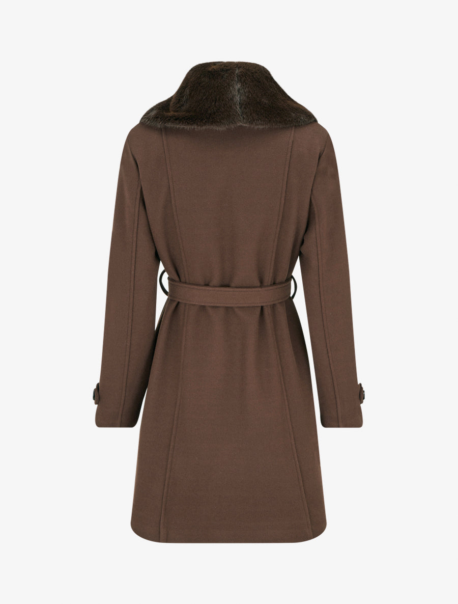 Manteau à col en fourrure synthétique amovible - Marron - 2