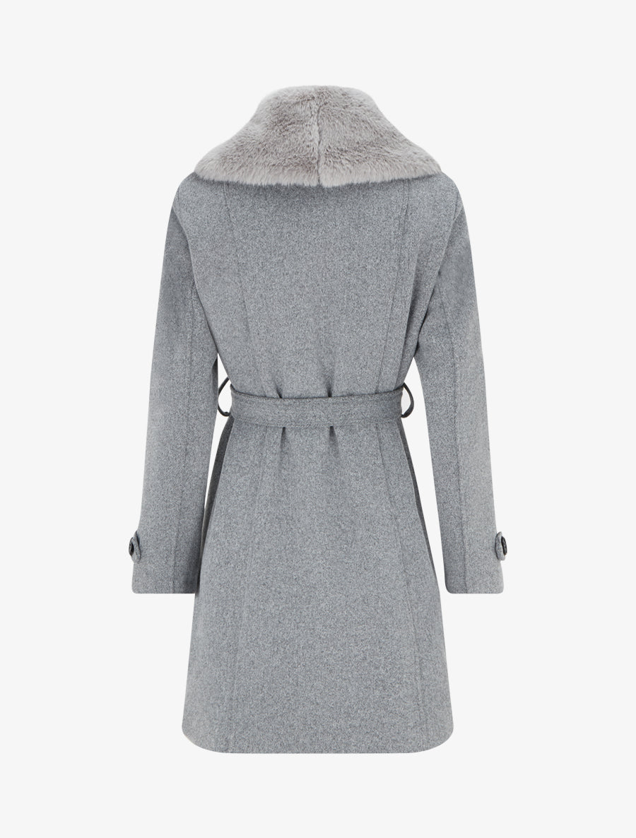 Manteau à col en fourrure synthétique amovible - Gris - 2
