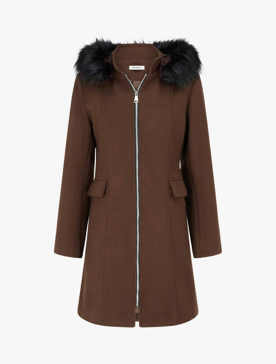 Manteau long à capuche et zip - Marron - 1