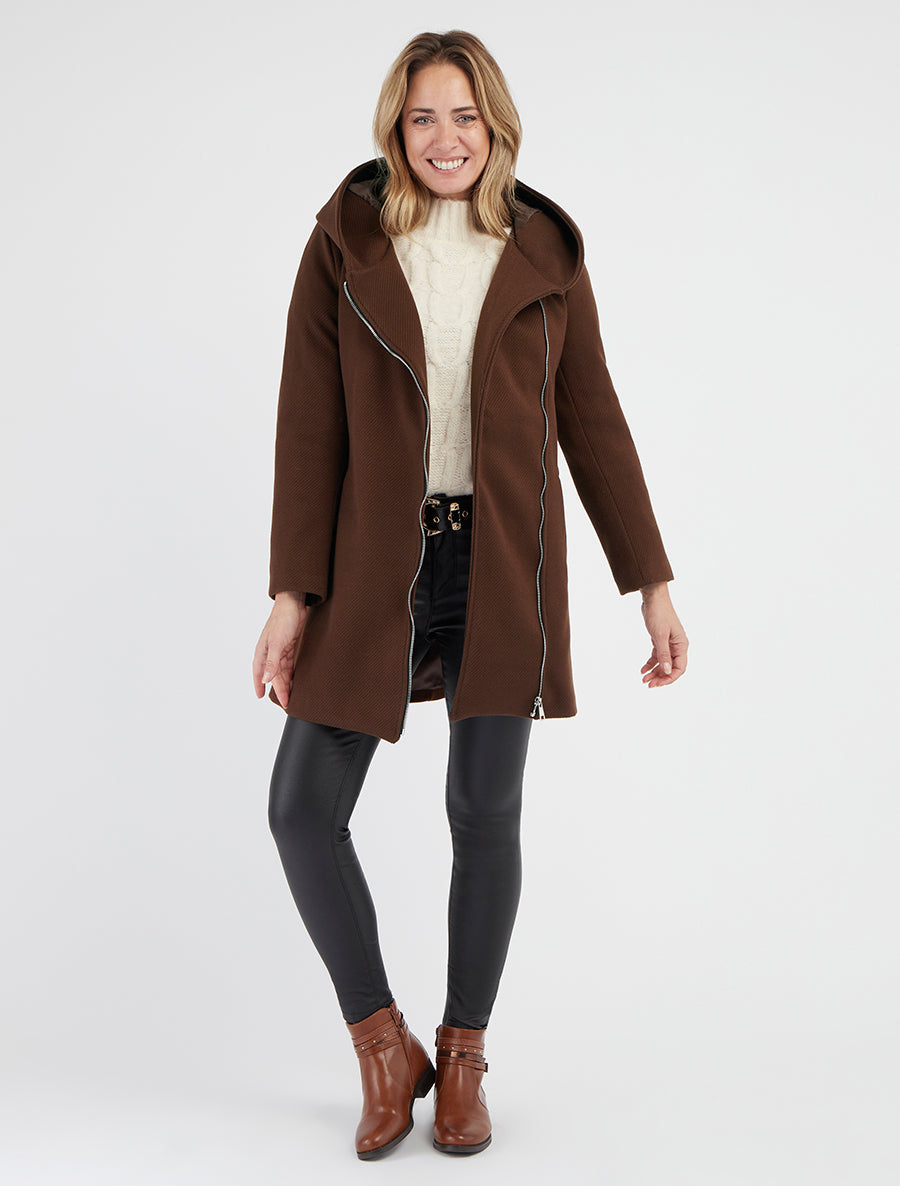 Manteau à capuche et empiècements simili - Marron