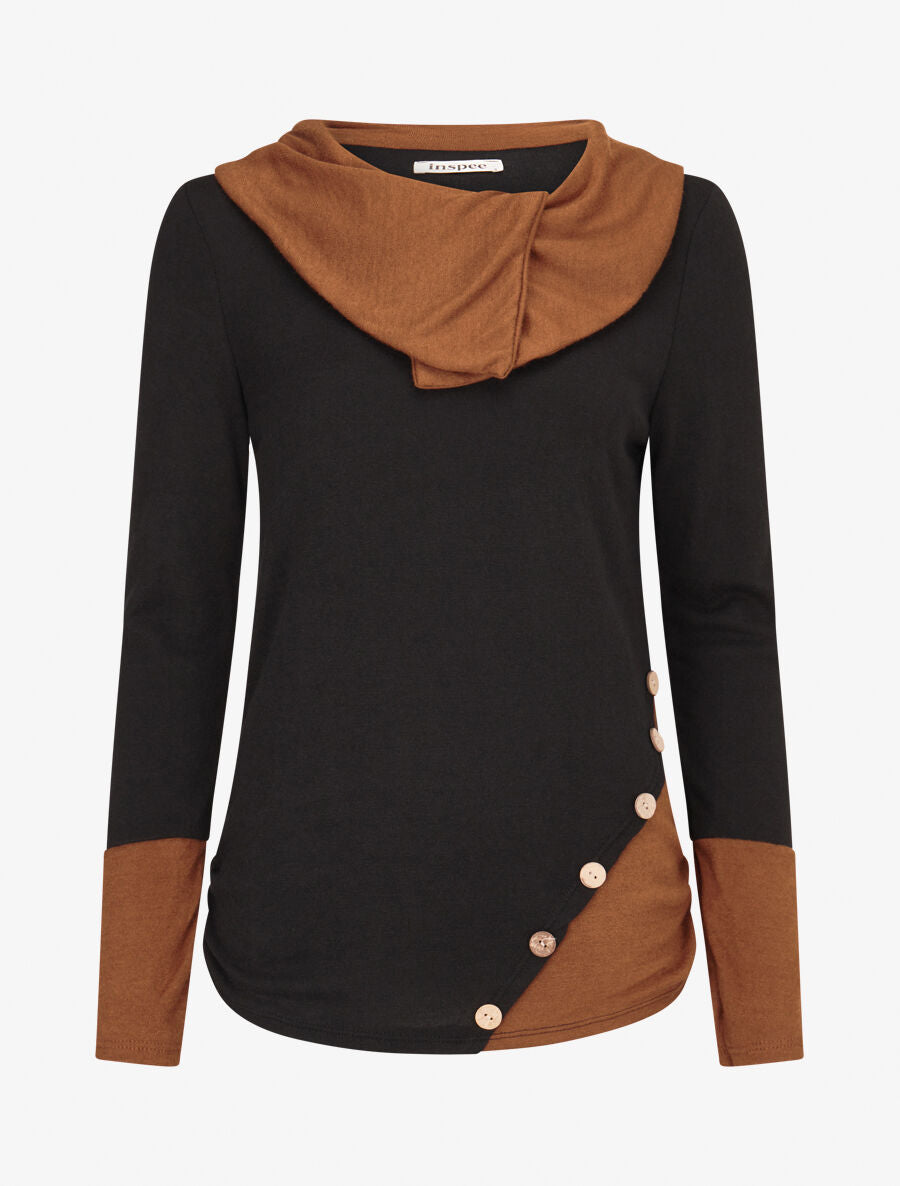 Pull fin à col rond stylisé - Noir/camel - 4