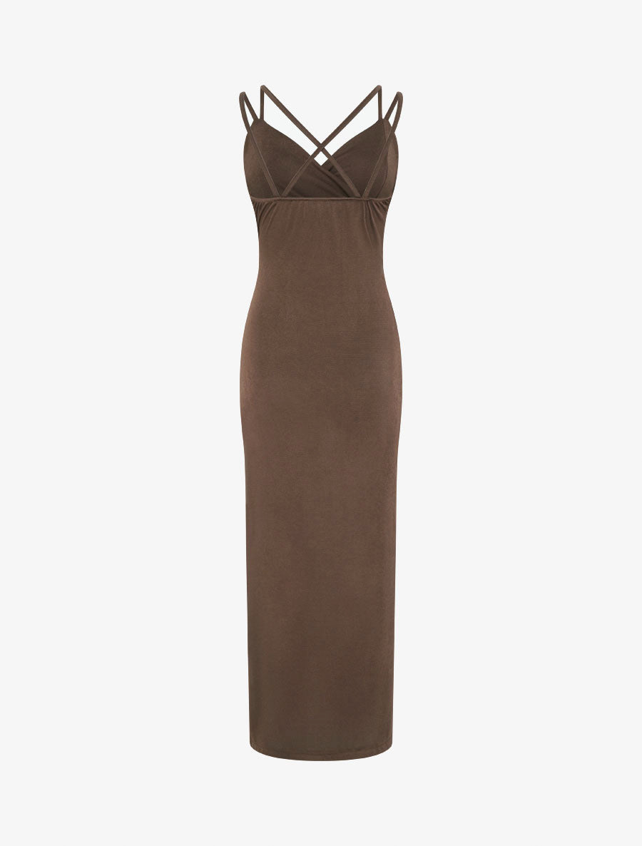 Robe longue ajustée à fente et bretelles - Marron - 2