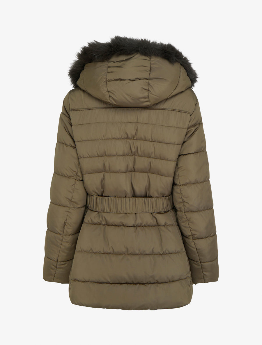 Doudoune ceinturée à capuche en fourrure synthétique - Kaki - 2