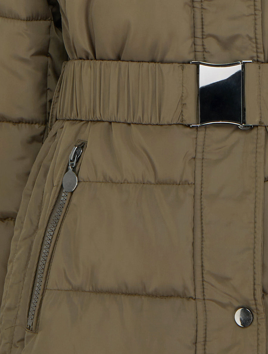 Doudoune ceinturée à capuche en fourrure synthétique - Kaki - 3