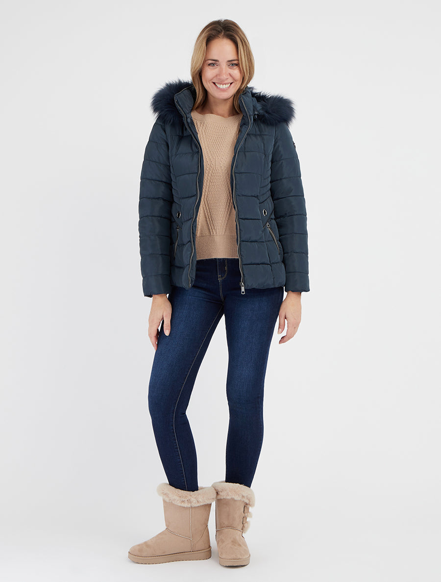 Doudoune droite à capuche en fourrure synthétique - Marine