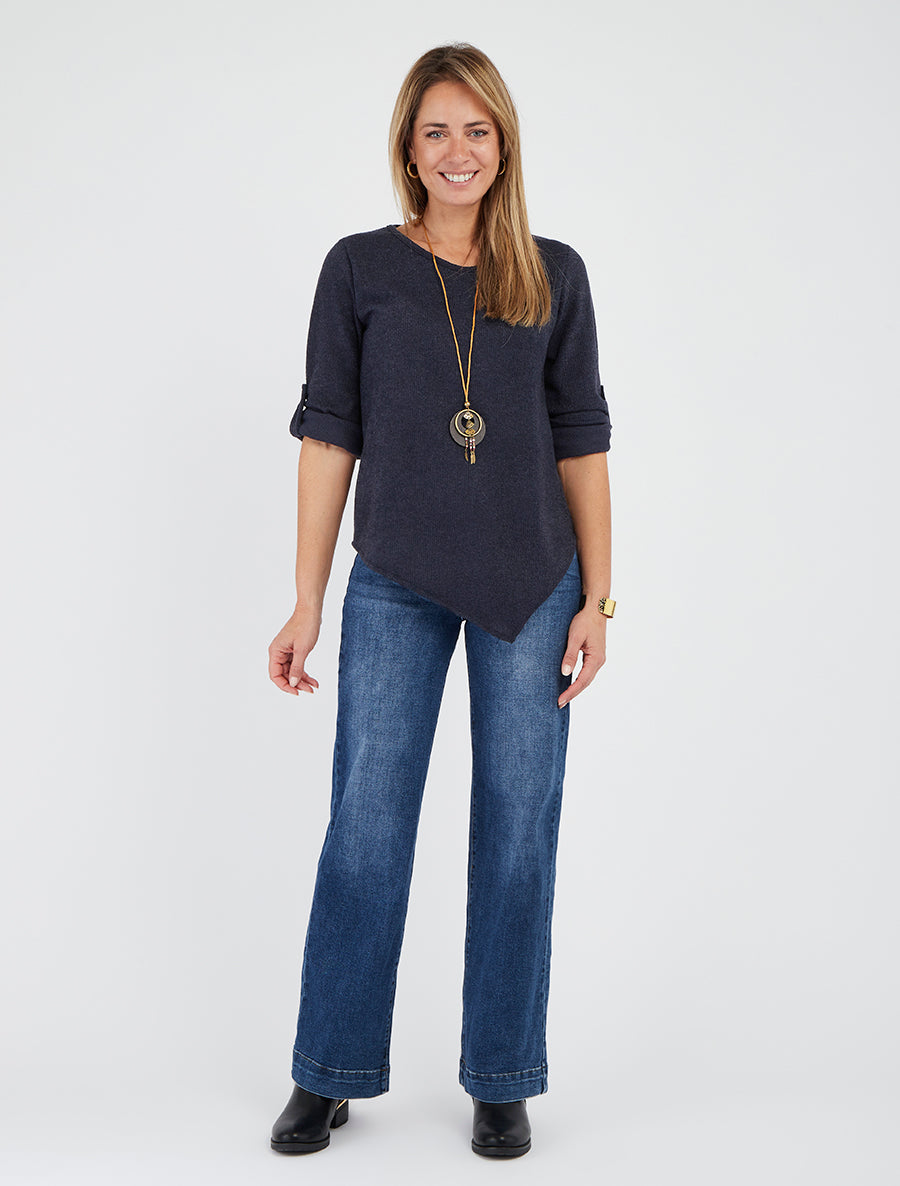 Pull fin asymétrique à manches longues retroussables - Marine
