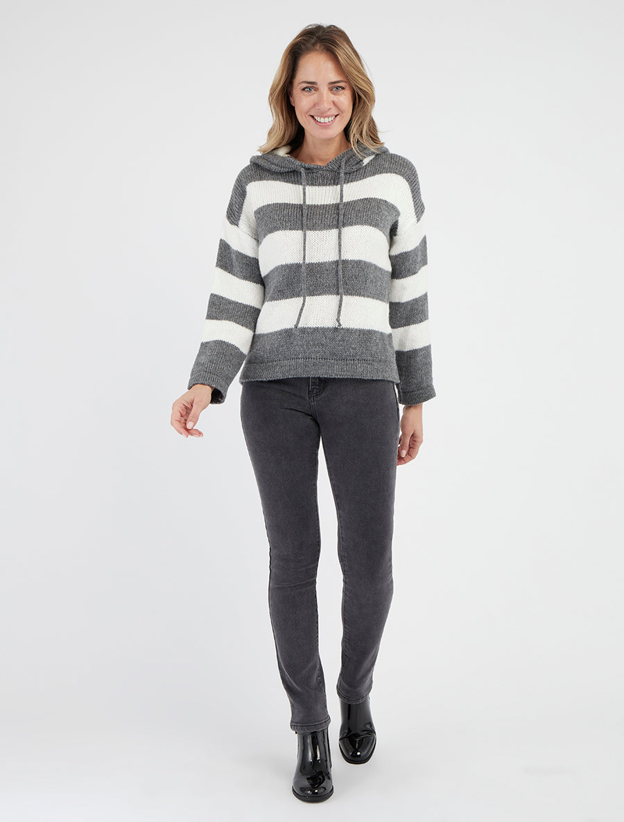 Pull rayé à capuche - Gris