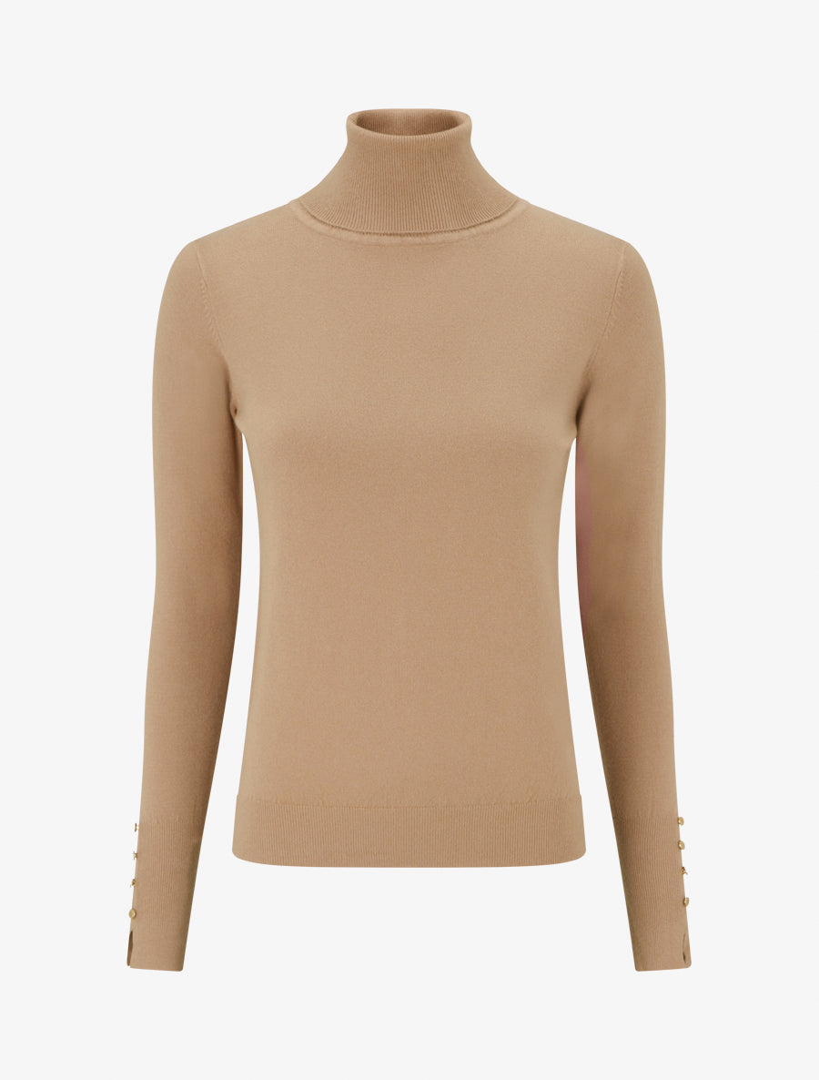 Pull fin à col roulé et boutons décoratifs - Camel - 1
