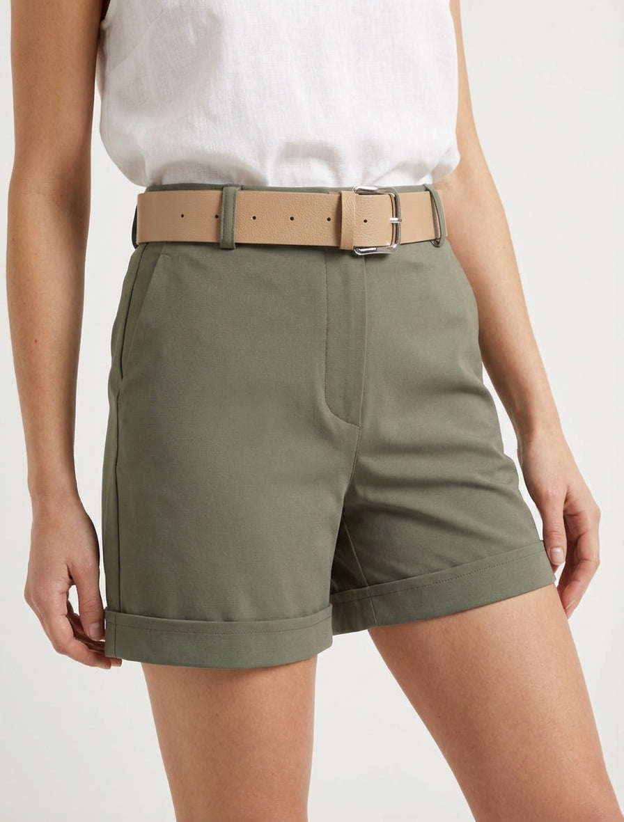 Short taille haute à revers - Kaki