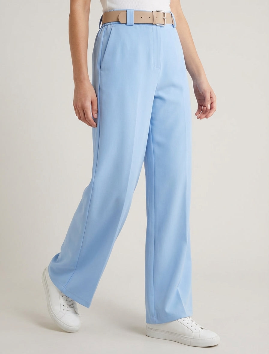 Pantalon droit taille haute ceinturée - Bleu ciel