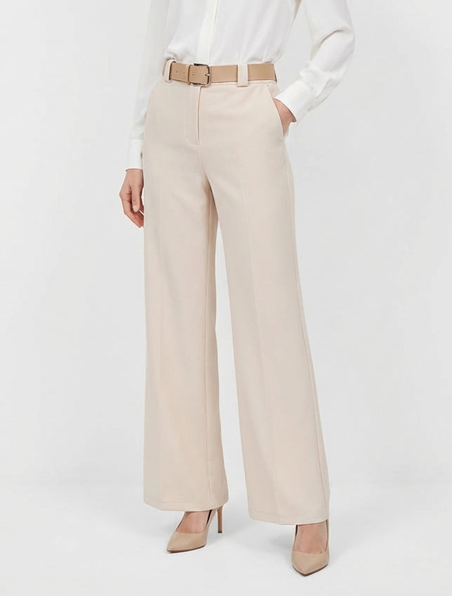 Pantalon droit taille haute ceinturée - Beige