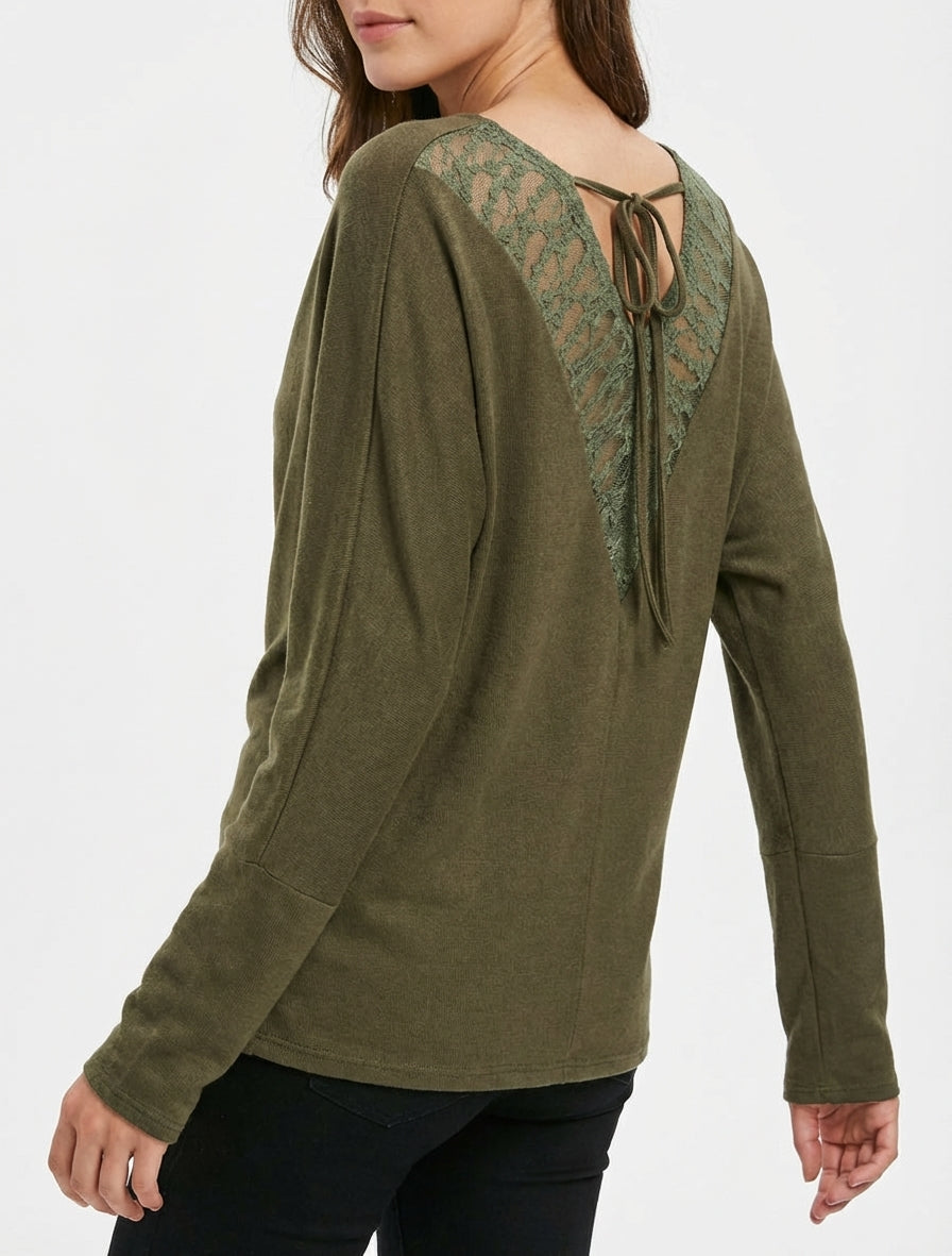 Pull fin encolure bénitier à dentelle - Kaki