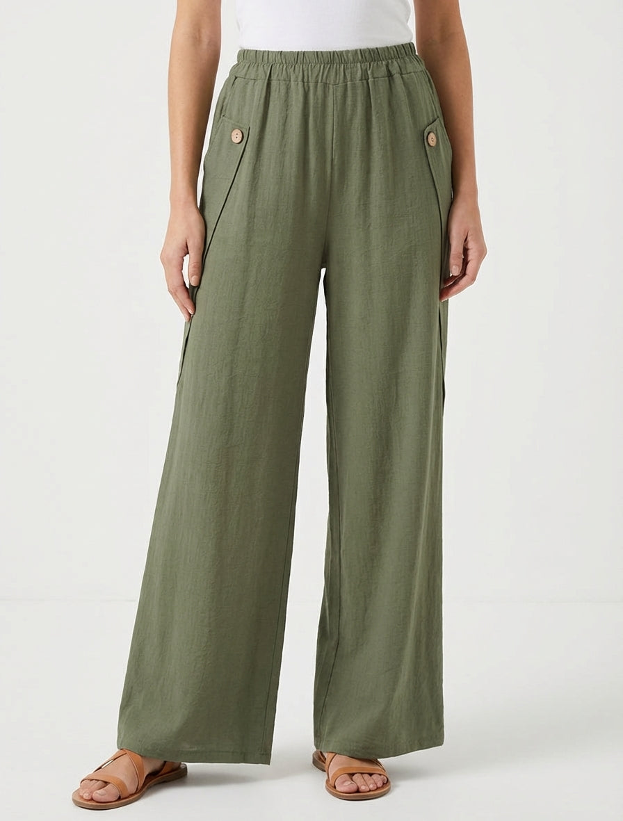 Pantalon ample taille haute à poches - Kaki