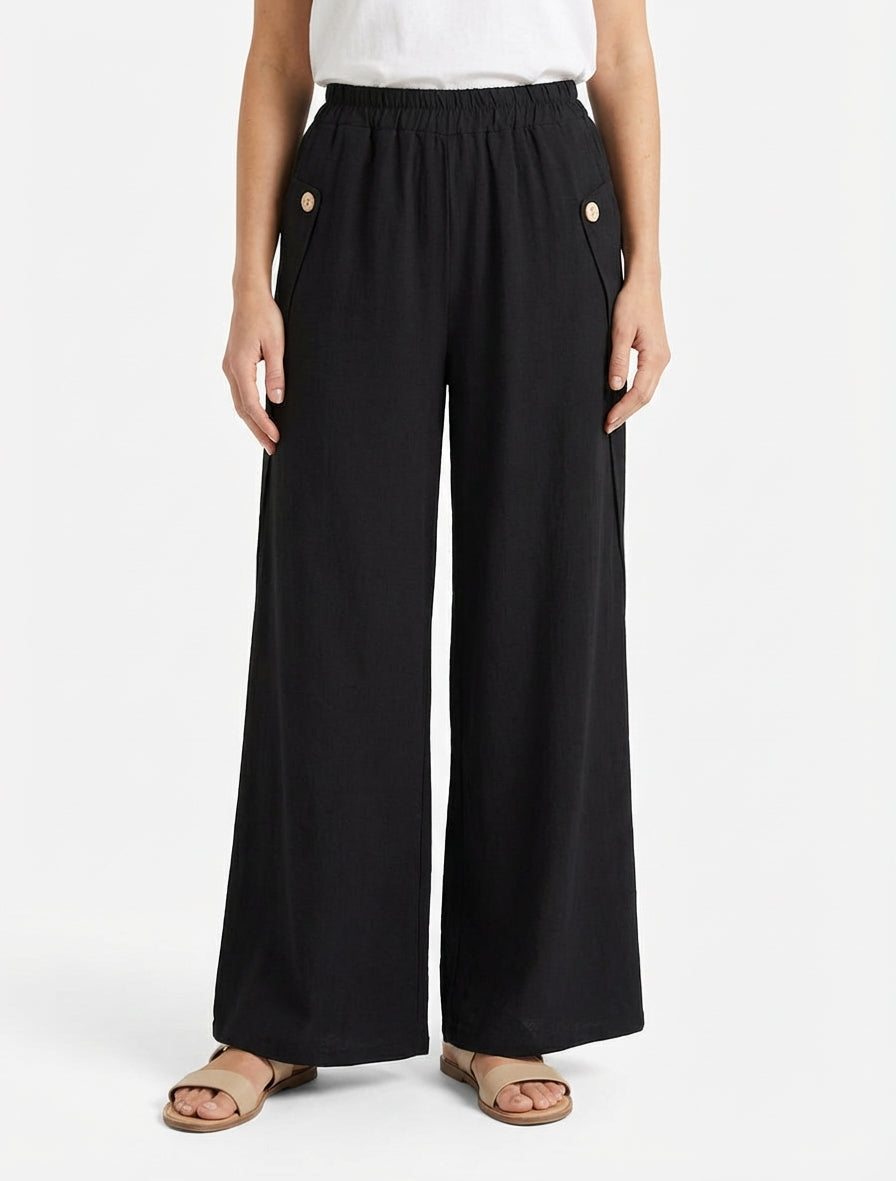 Pantalon ample taille haute à boutons - Noir