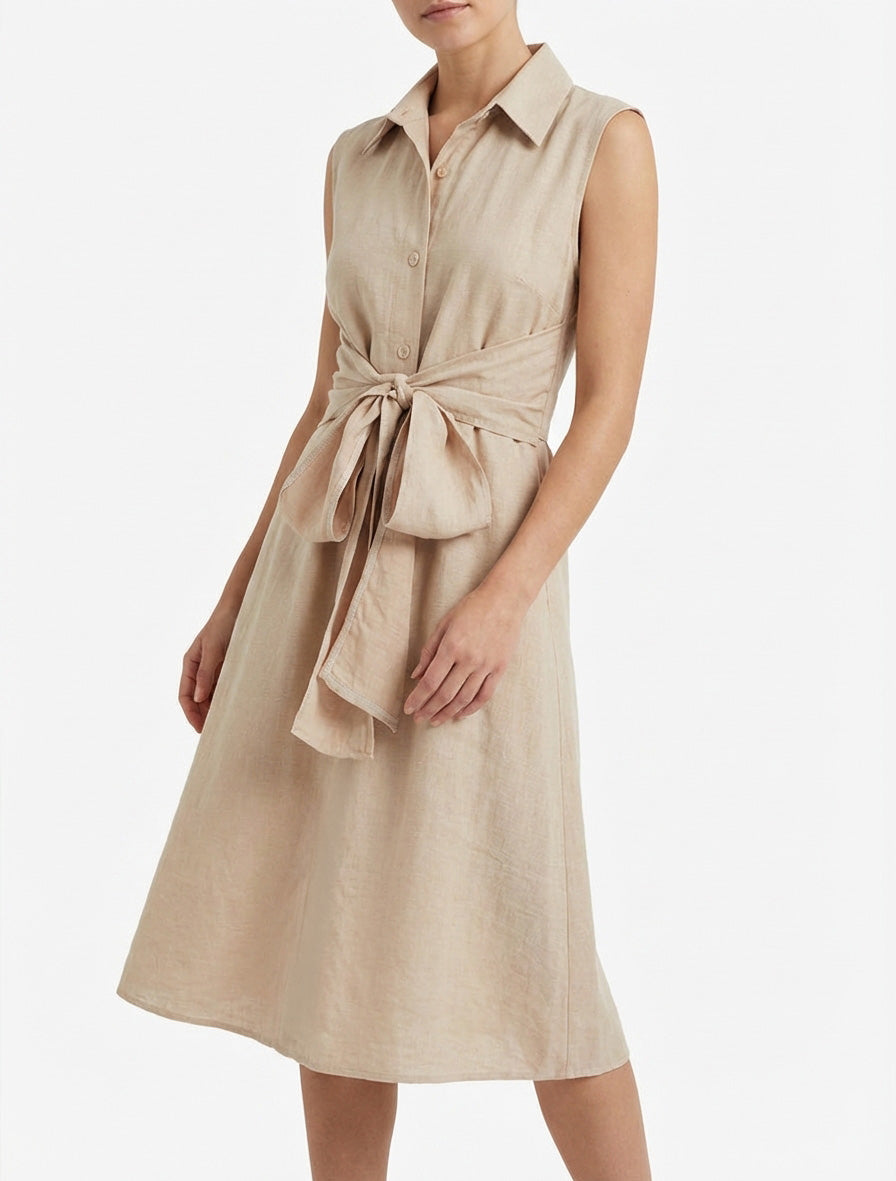 Robe chemise dos élastiqué à nouer - Beige