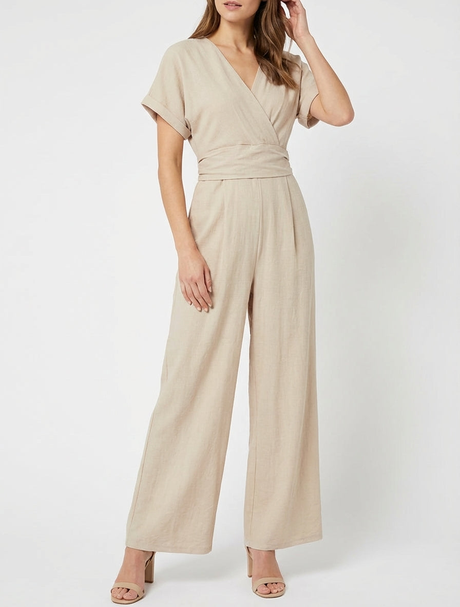 Combinaison fluide col cache-cœur - Beige