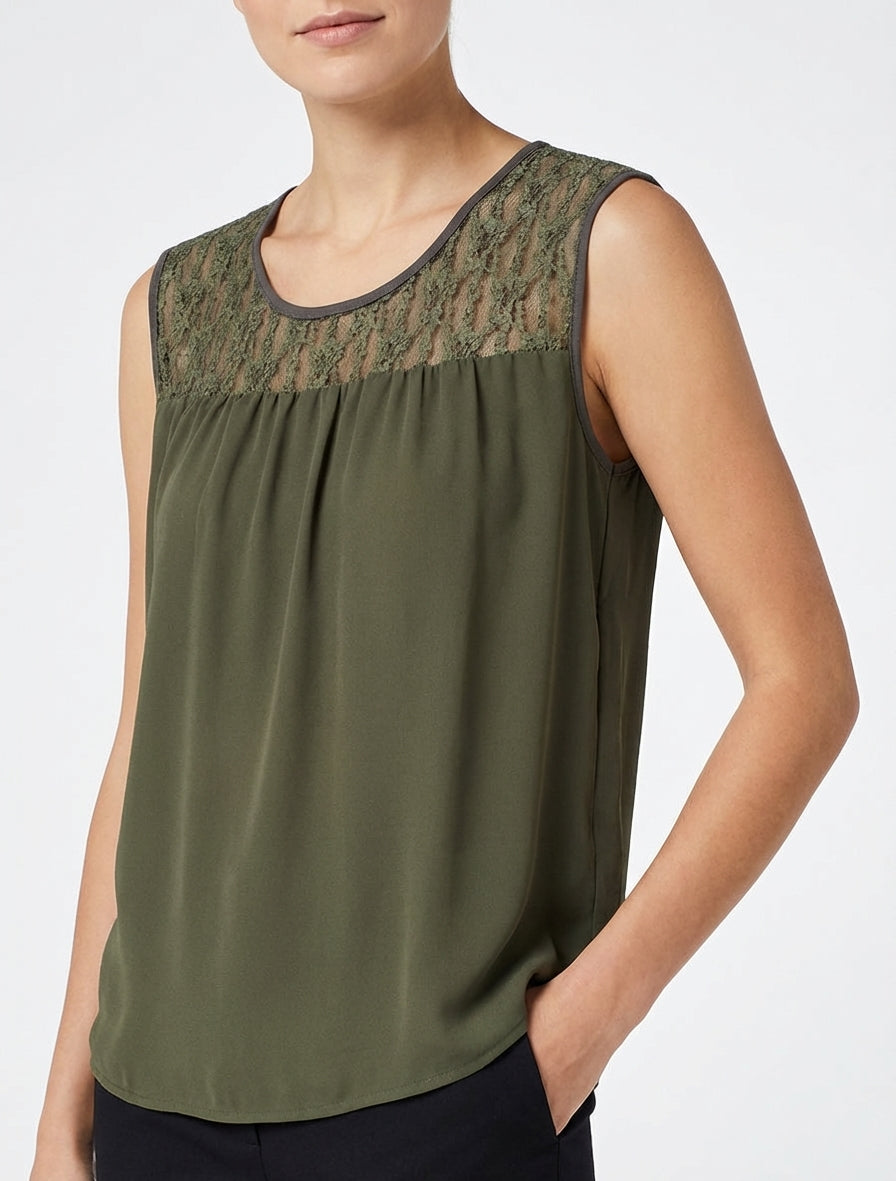 Top boule col rond en dentelle - Kaki