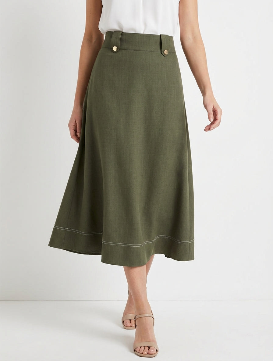 Jupe mi-longue taille haute évasée - Kaki