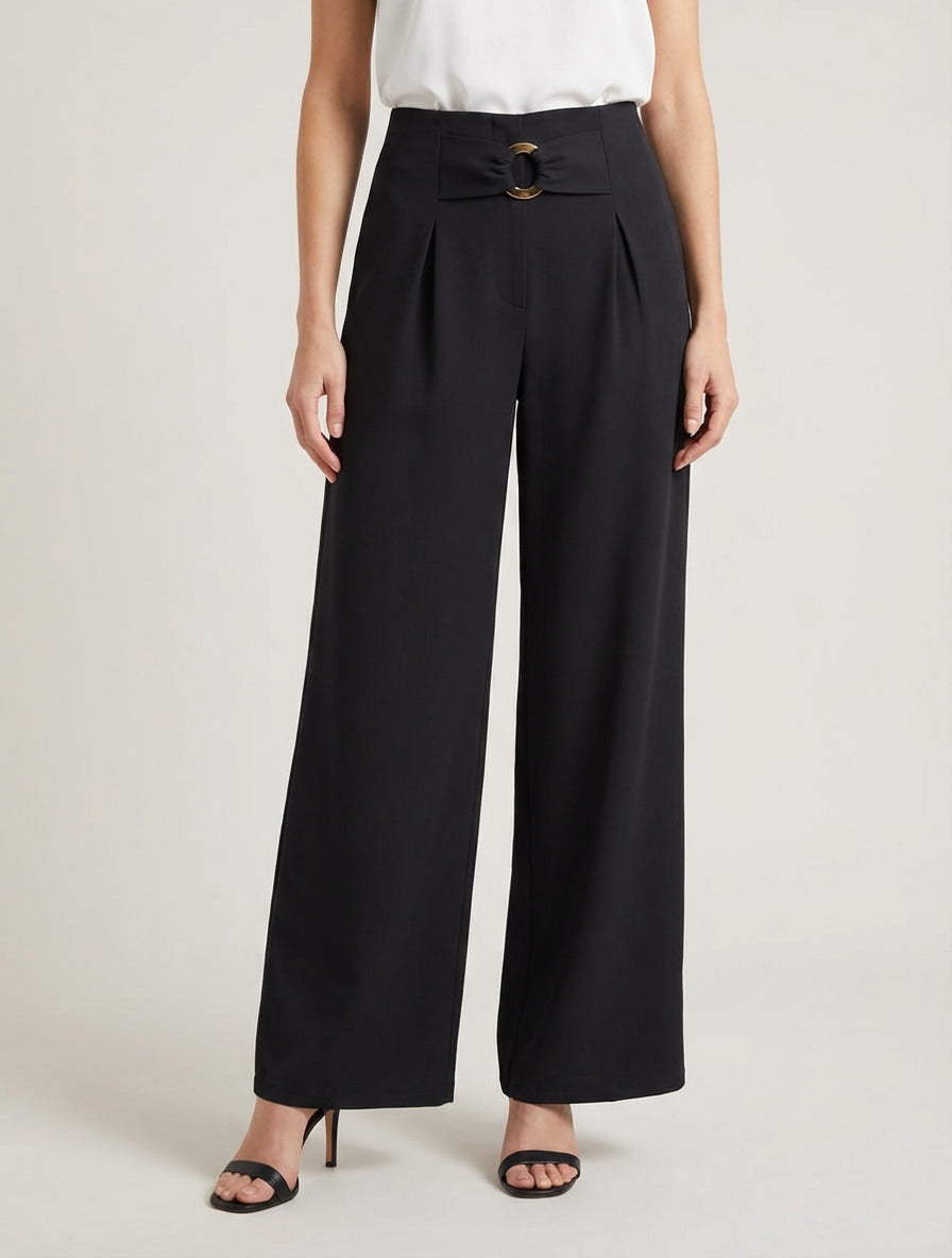 Pantalon ample à taille haute à boucle fantaisie - Noir