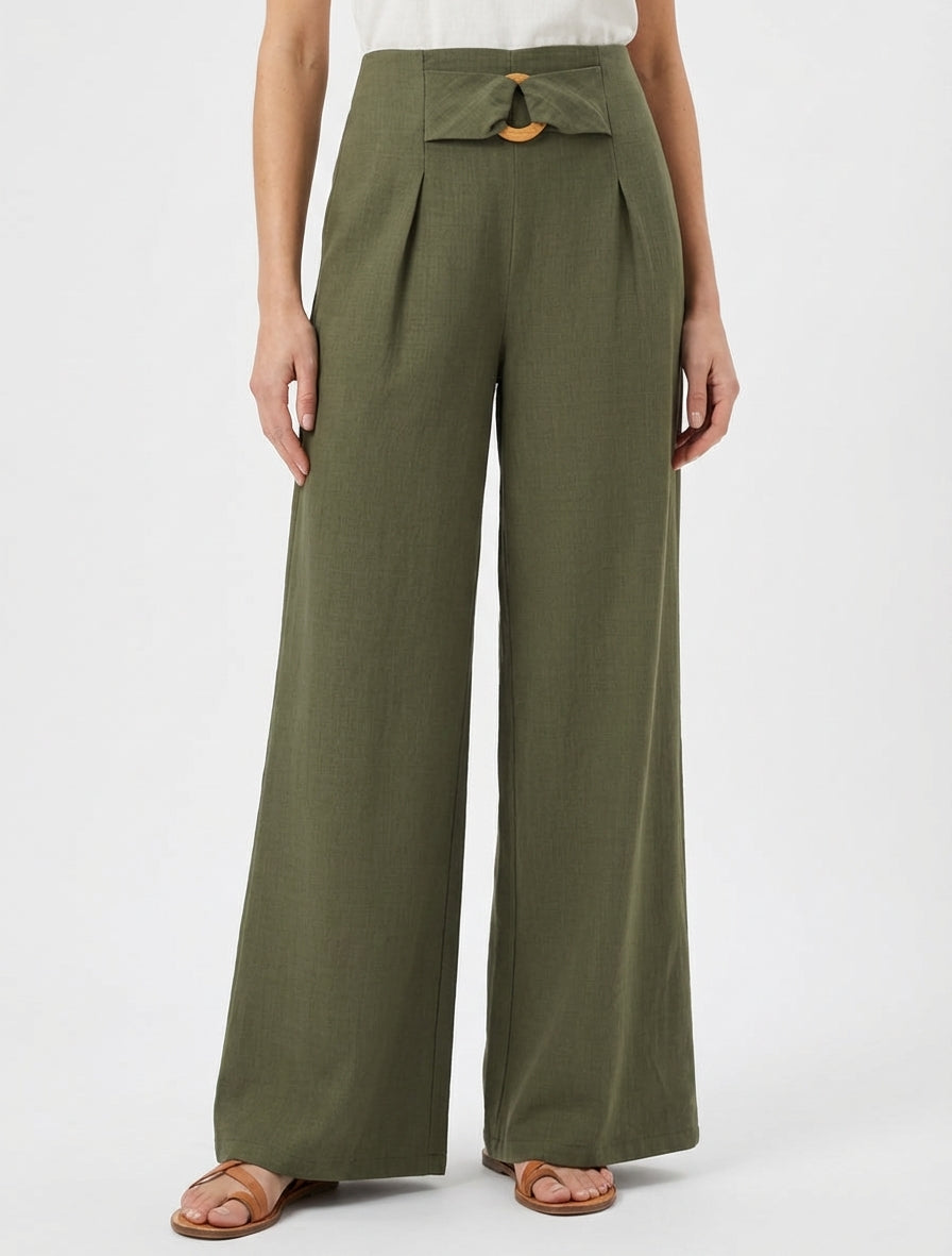 Pantalon ample taille haute élastiquée - Kaki