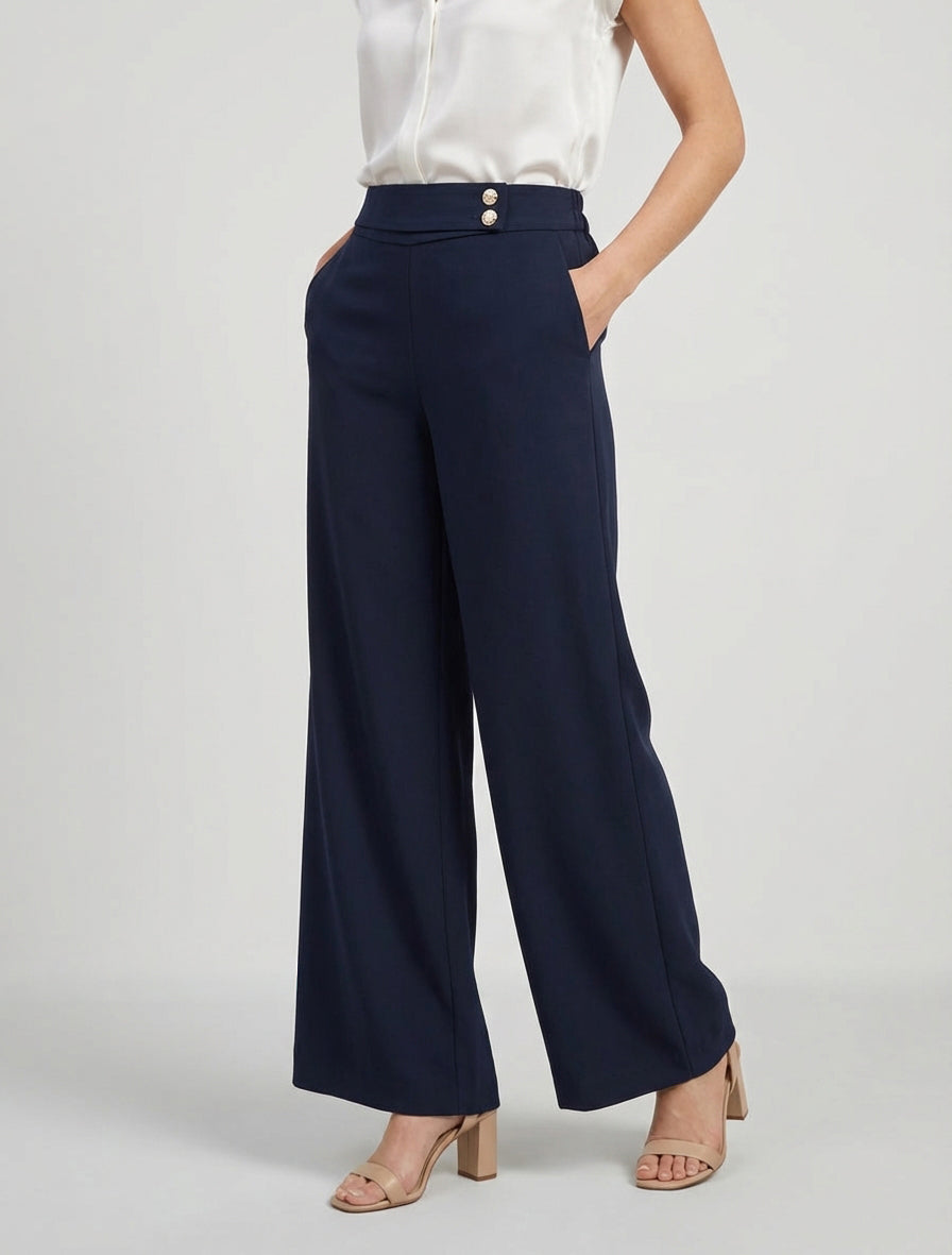 Pantalon ample à sangle et boutons - Marine