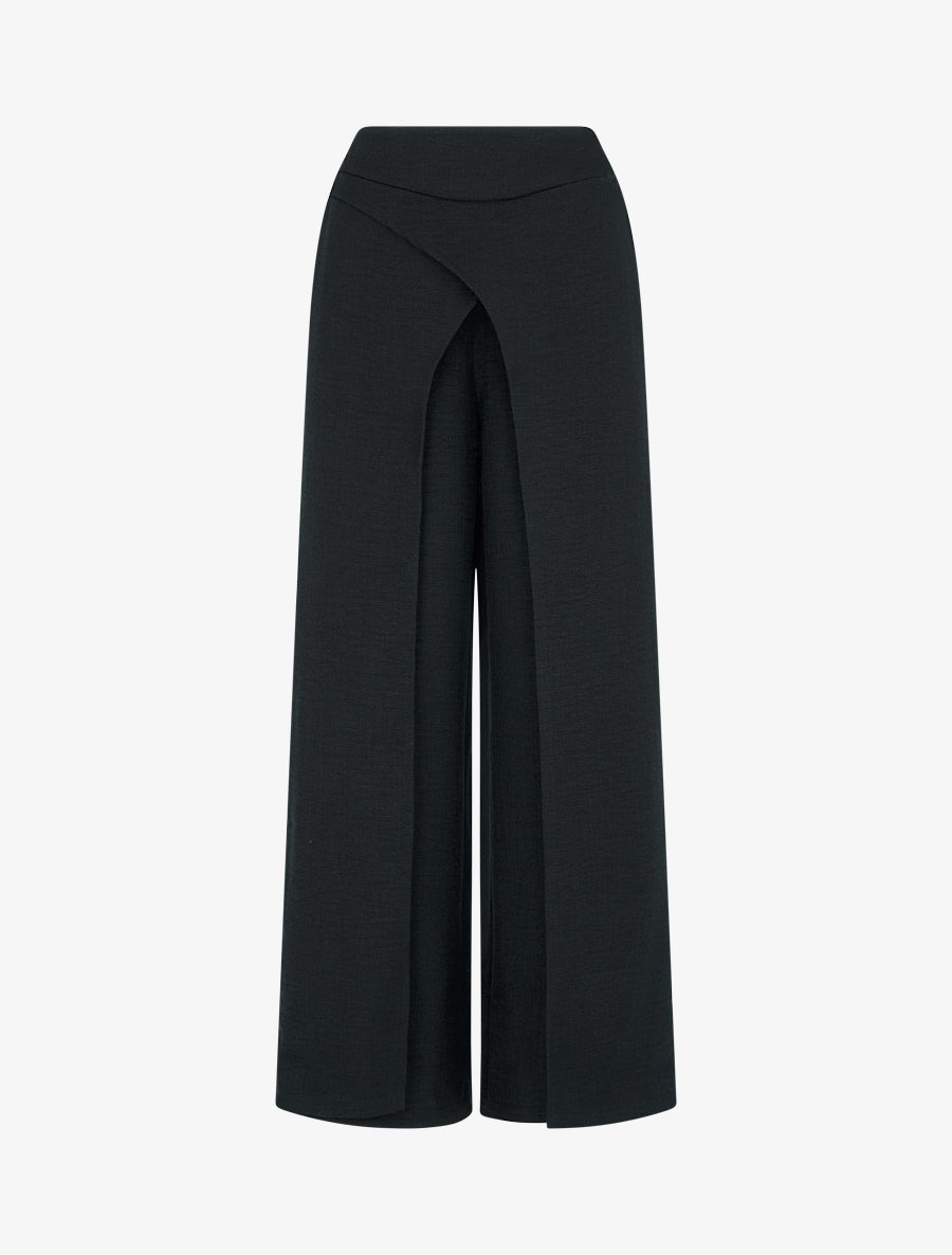 Pantalon droit effet lin à double pans - Noir - 1