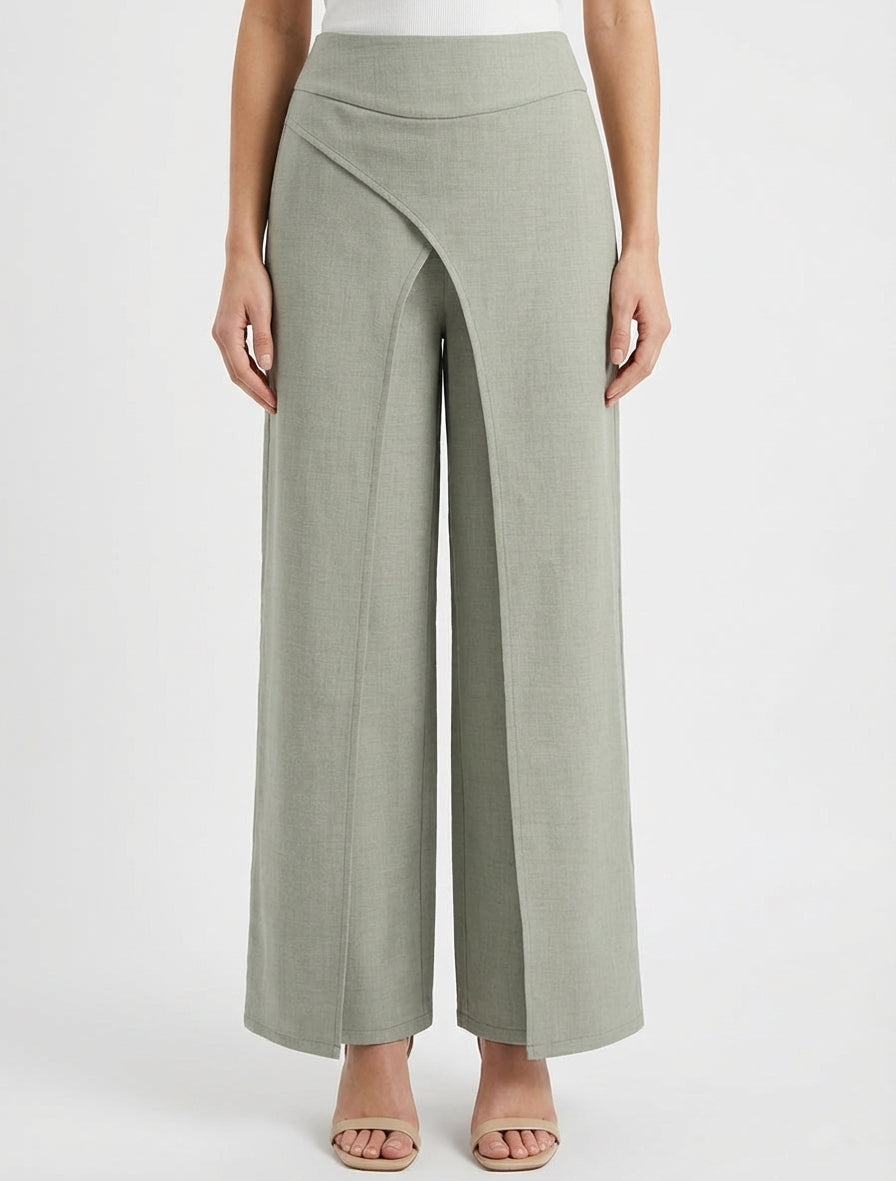 Pantalon droit taille haute à pans - Kaki