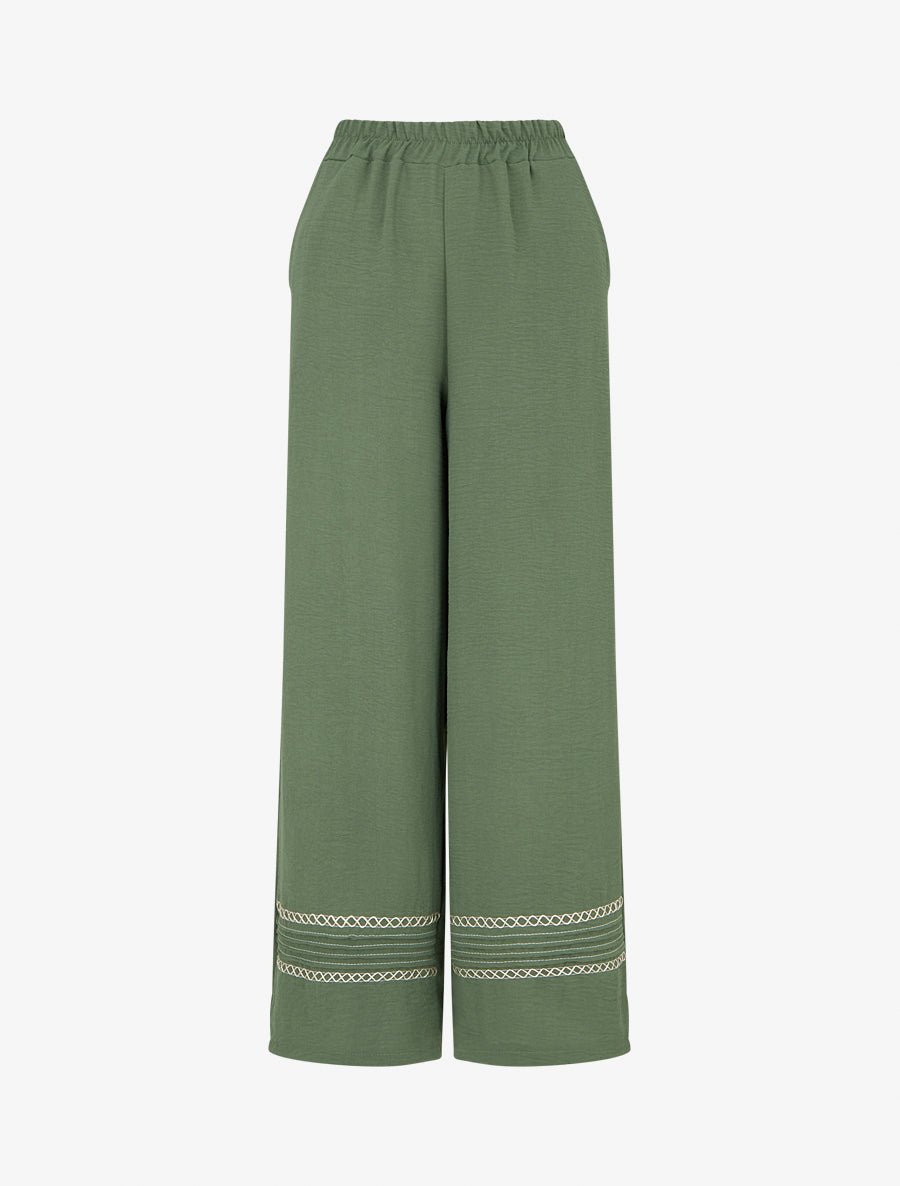 Pantalon ample à bords brodés - Kaki - 1