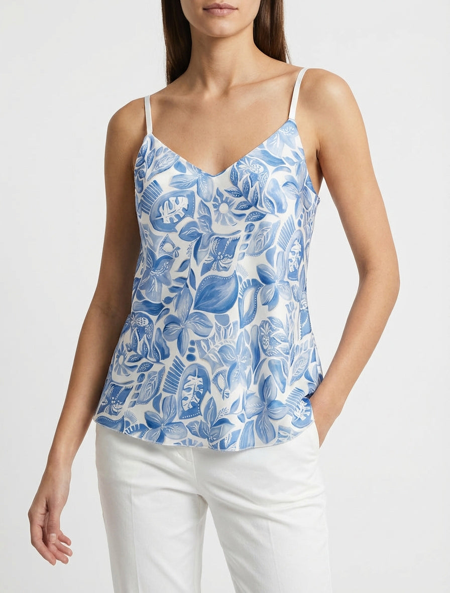 Caraco satiné col V imprimé - Bleu