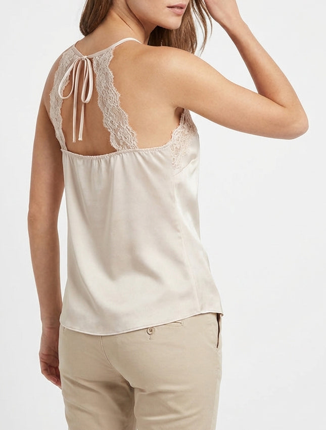 Caraco satiné col V dentelle - Beige clair