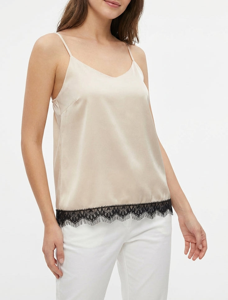 Caraco satiné col V et dentelle - Beige