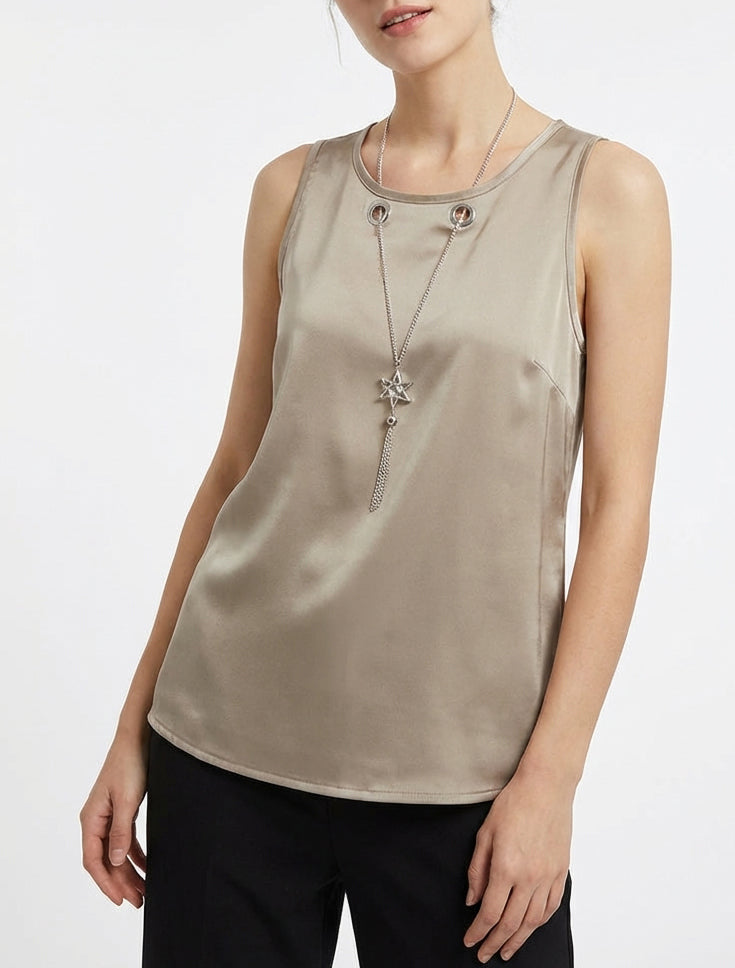 Top satiné col bijou amovible - Taupe