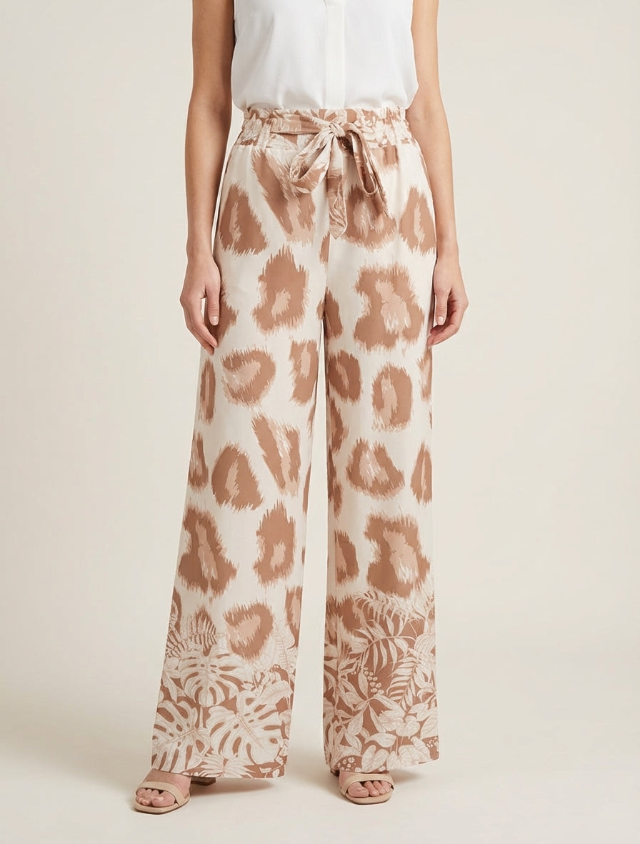 Pantalon fluide taille haute à nouer - Camel