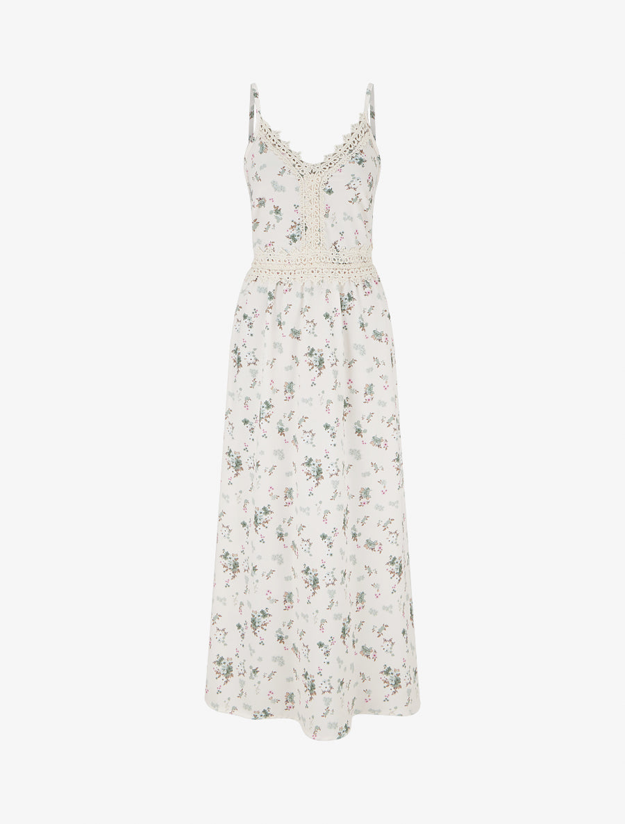 Robe longue imprimé petites fleurs à détail crochet - Kaki - 1