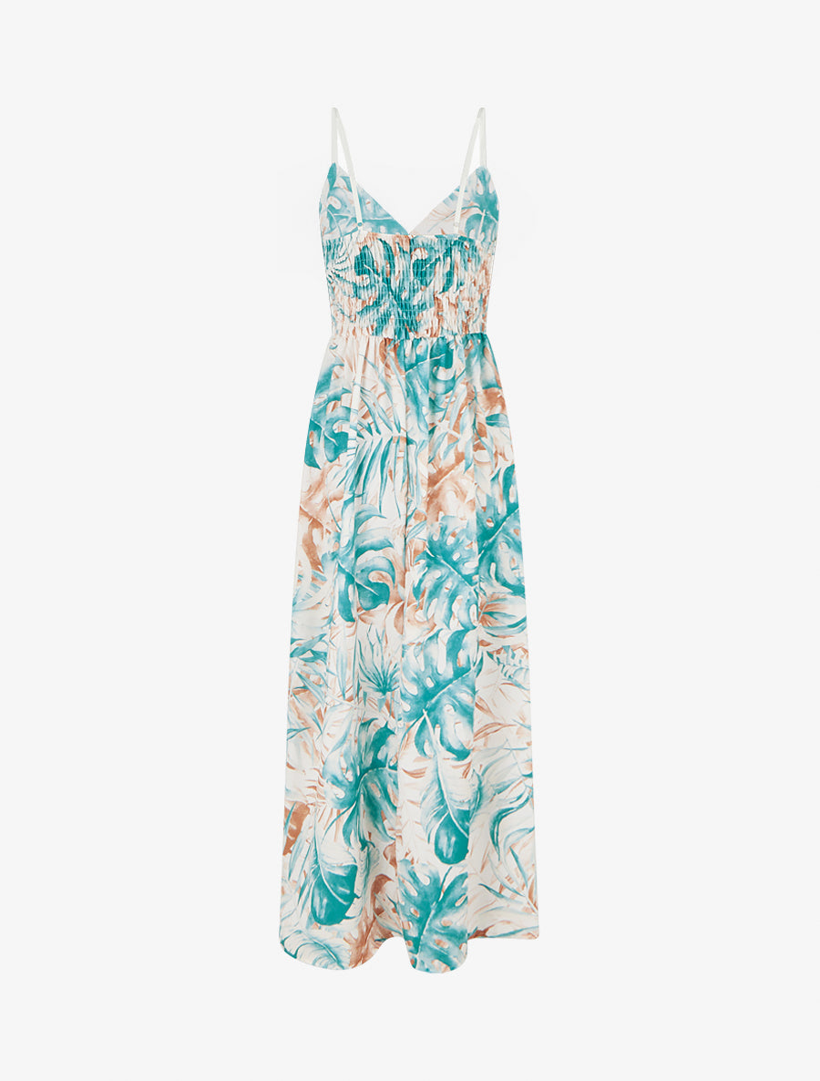 Robe longue à dos élastiqué imprimé feuillage - Turquoise - 2