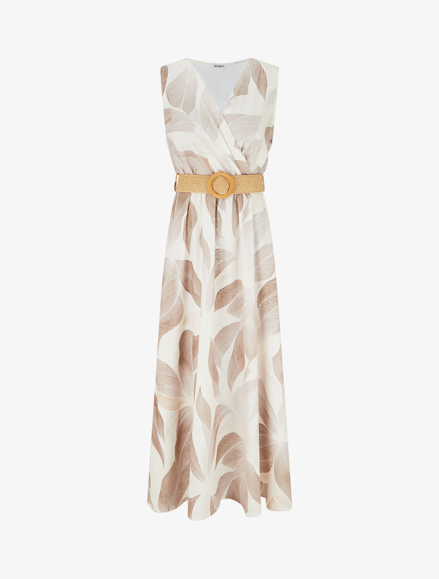Robe imprimé feuilles à col cache-coeur - Beige - 1