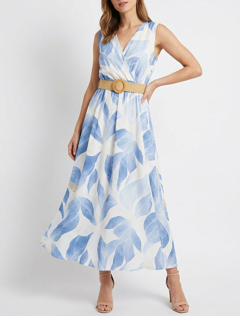 Robe fluide ceinturée à imprimé - Bleu ciel
