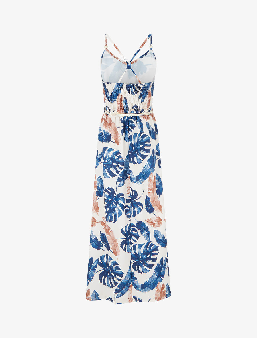 Robe longue imprimé feuillage à taille élastiquée - Marine - 2