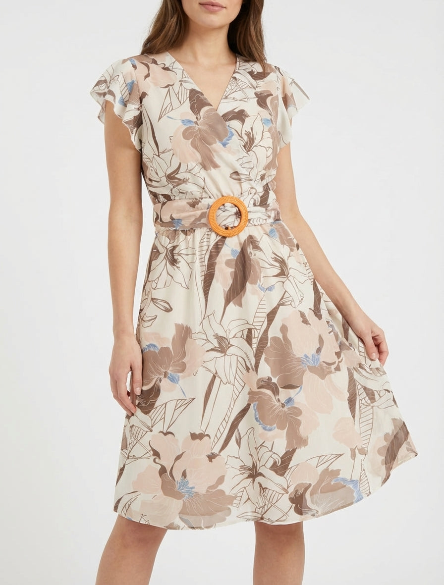 Robe mi-longue cache-cœur à boucle - Marron