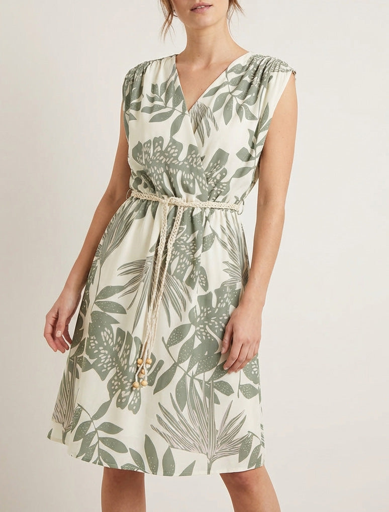 Robe mi-longue cache-cœur tropical - Kaki