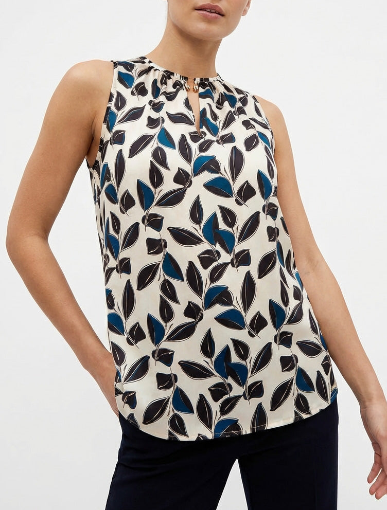 Top satiné col bijou imprimé feuilles - Noir