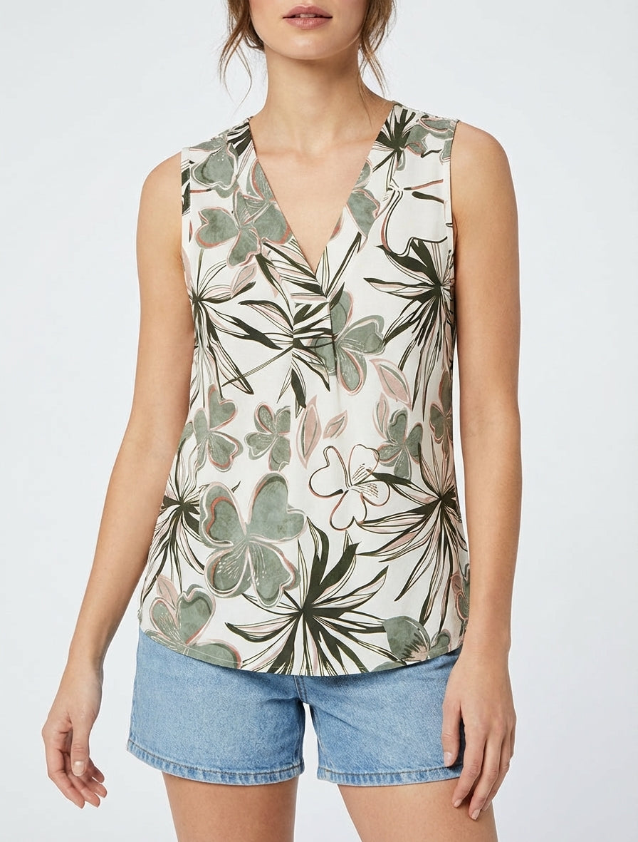 Top droit col V imprimé hibiscus - Kaki