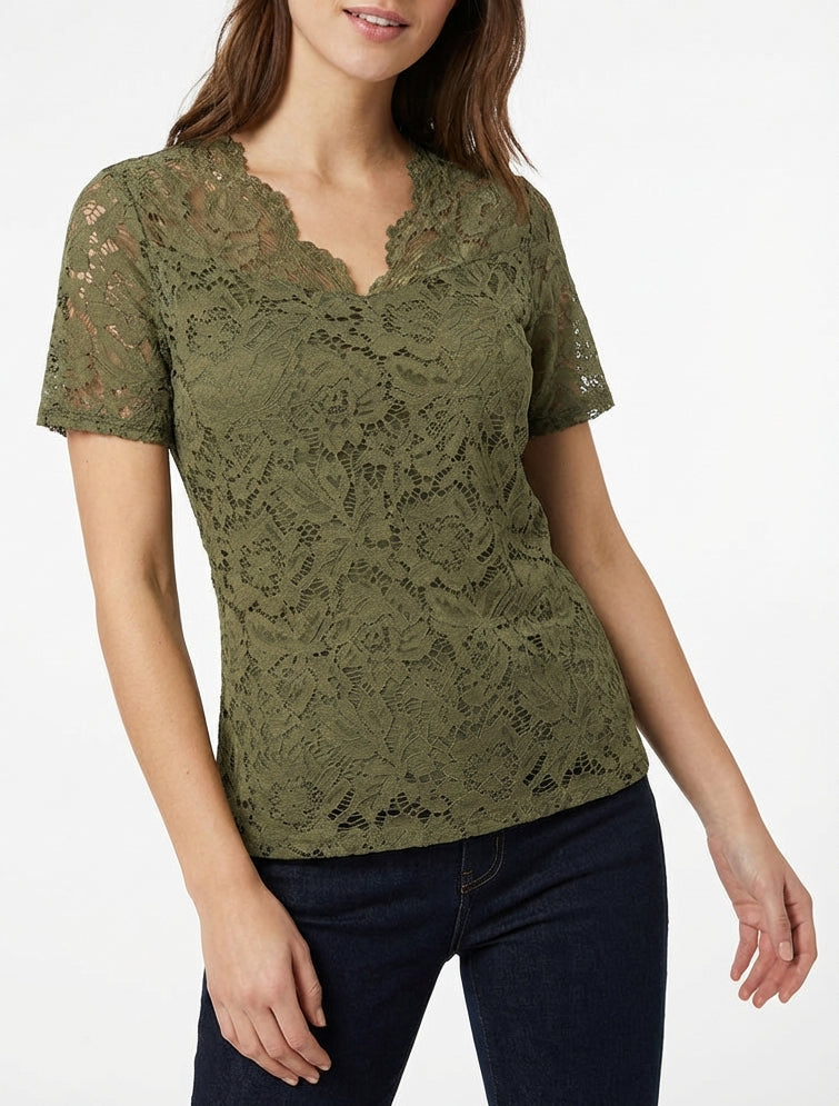 Top en dentelle col V - Kaki